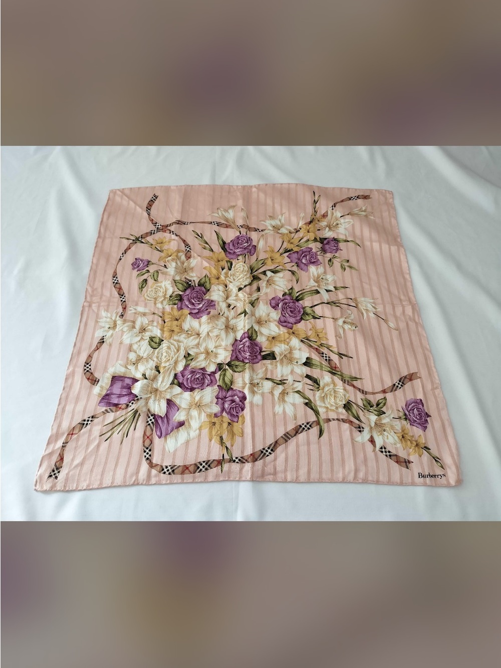 Burberry Pink Floral Silk Square Scarf with Purple and Cream Blooms